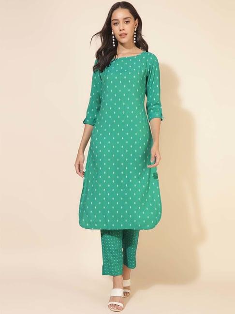 janasya green cotton printed kurta pant set