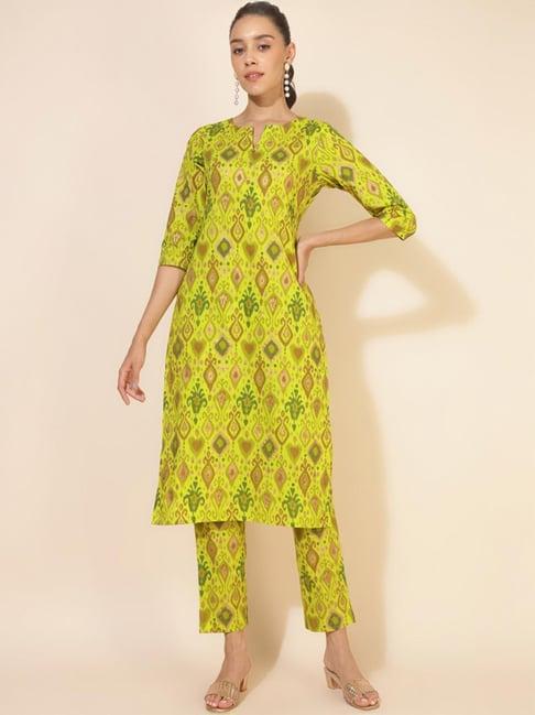 janasya green cotton printed kurta pant set