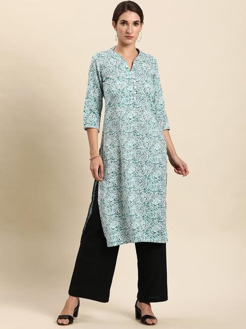 janasya green cotton printed straight kurta