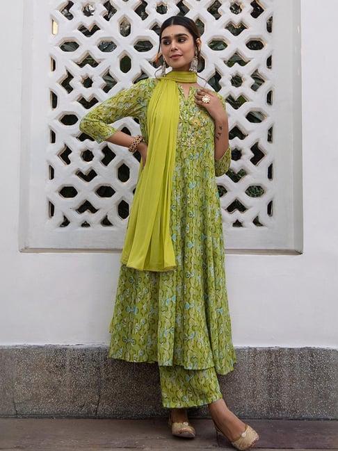 janasya green embroidered kurta palazzo set with dupatta