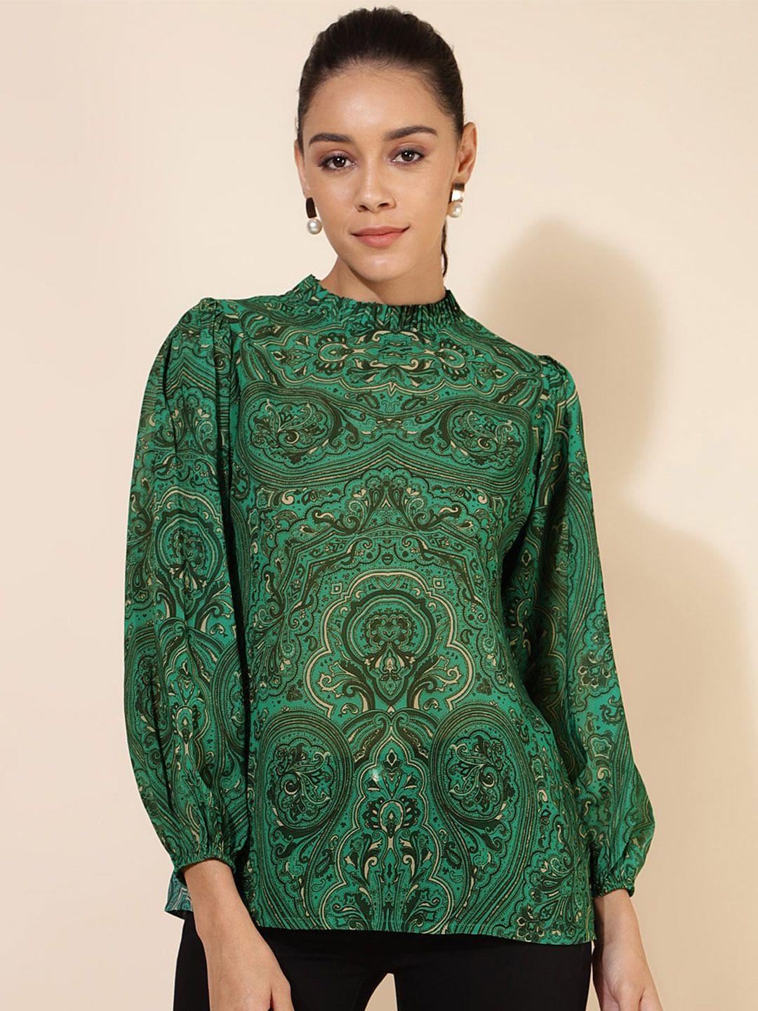 janasya green ethnic motifs printed high neck georgette top