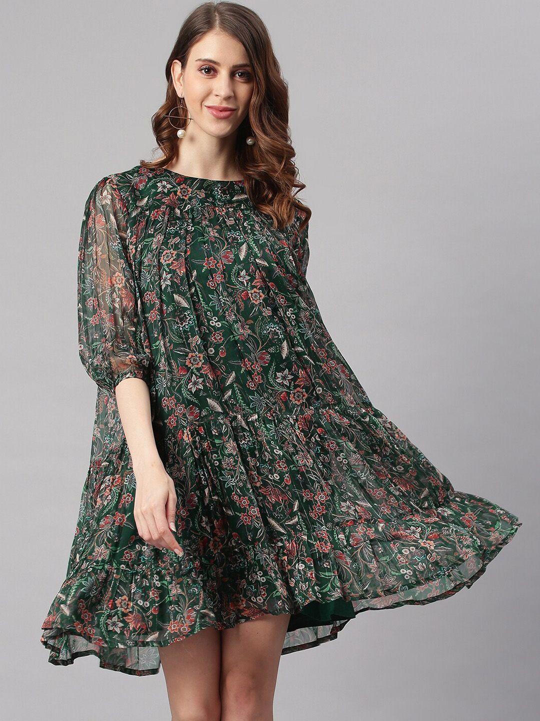 janasya green floral georgette a-line dress