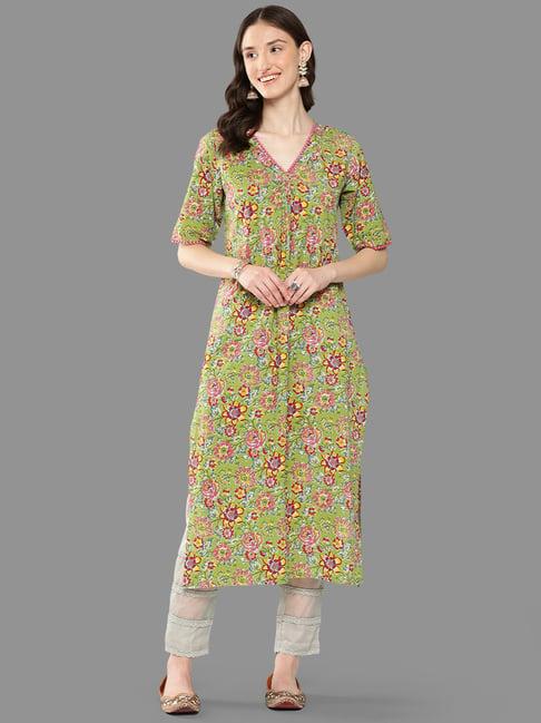 janasya green floral print straight kurta