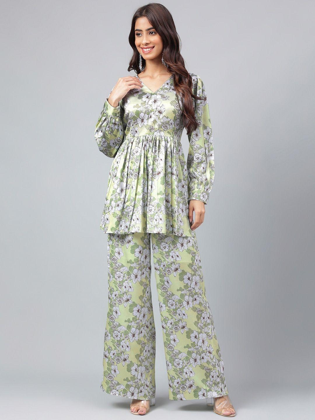 janasya green floral printed puffed sleeves pleated a-line kurti with palazzos