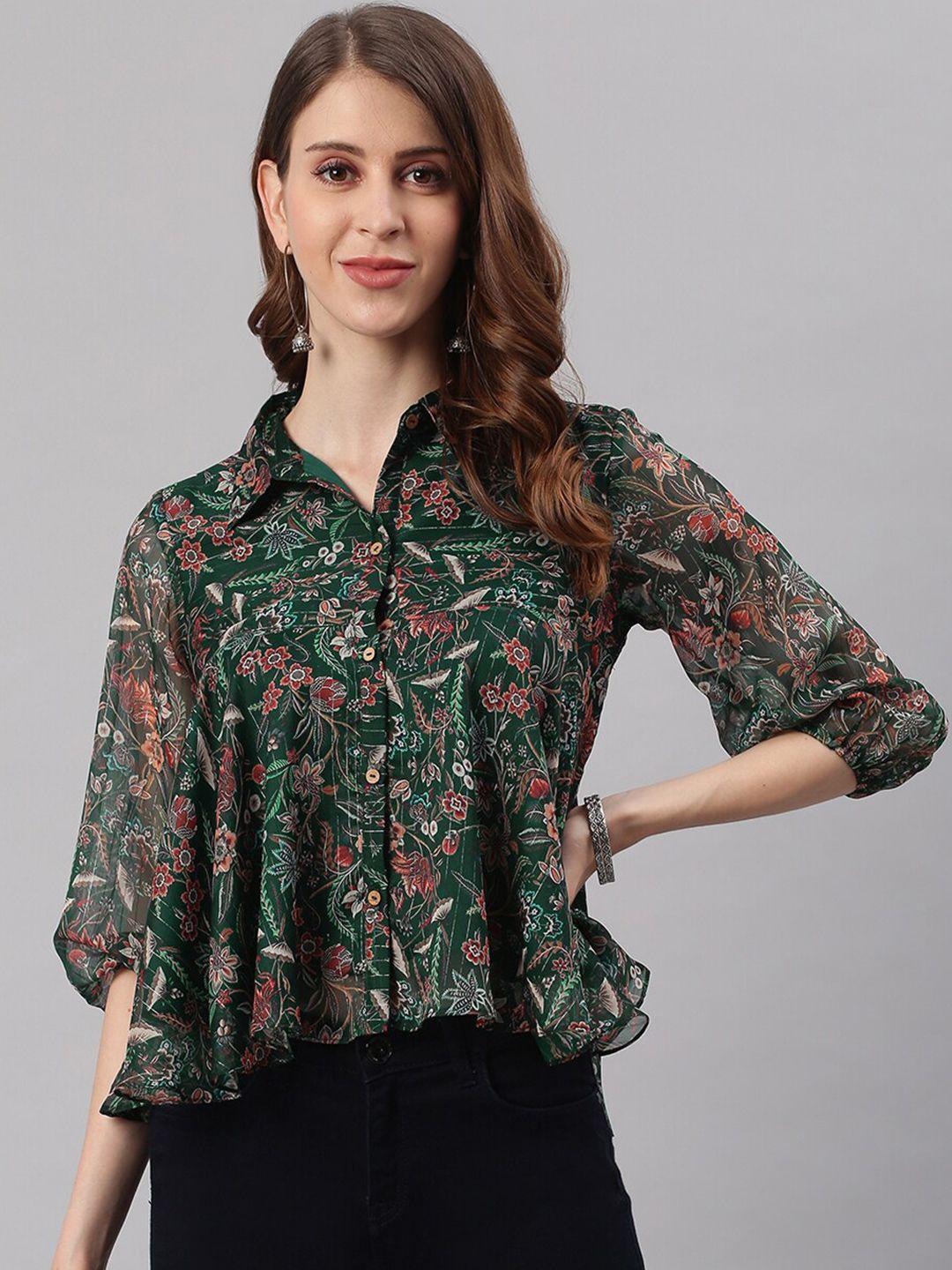 janasya green georgette shirt style top