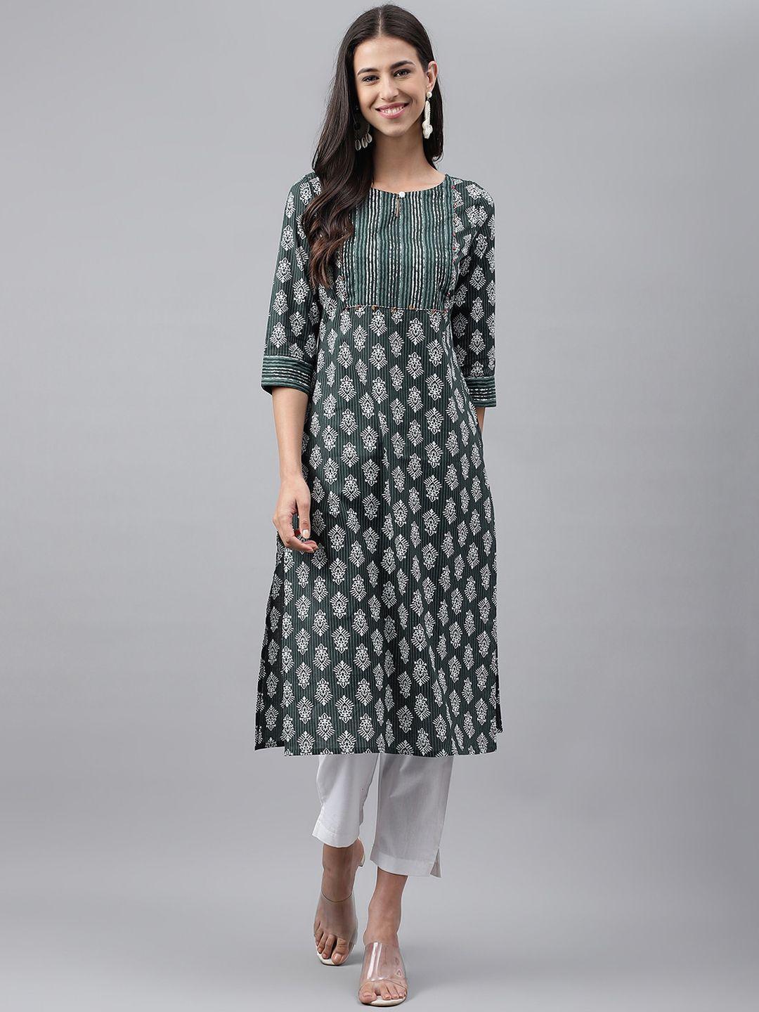 janasya green keyhole neck ethnic motifs printed pure cotton kurta