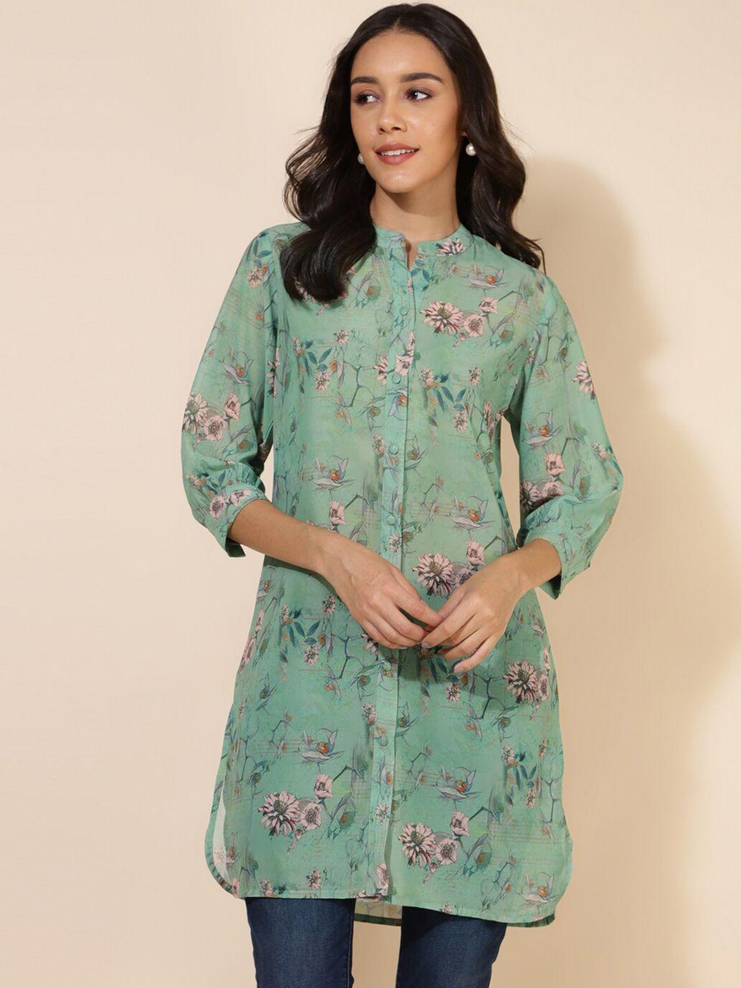 janasya green mandarin collar georgette top