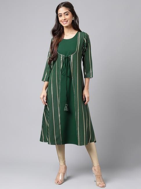 janasya green printed a line kurta