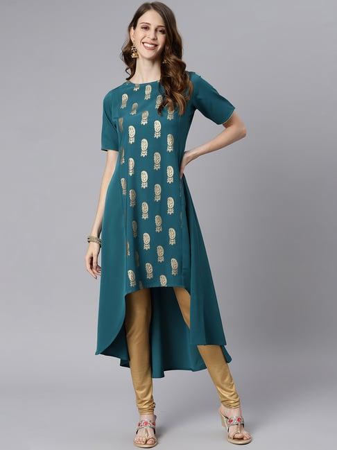 janasya green printed high low kurta