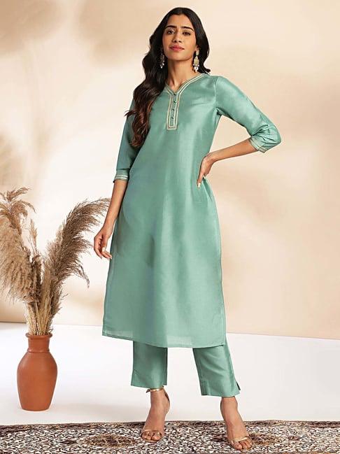 janasya green self kurta & pant set