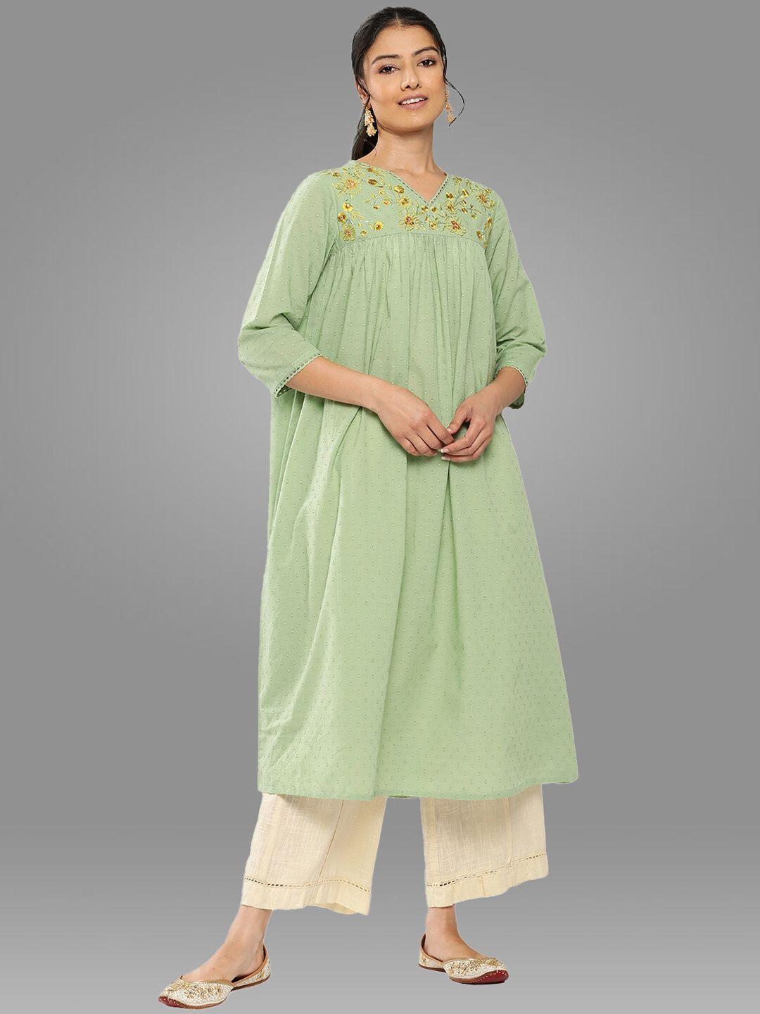 janasya green woven design pleated a-line kurta