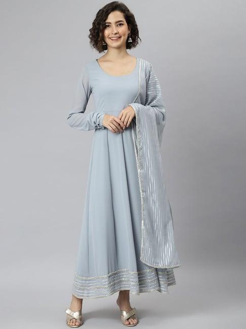 janasya grey a line kurta with dupatta