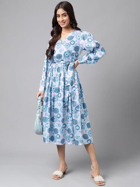 janasya grey floral print wrap dress