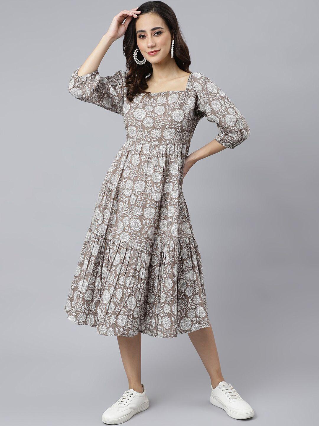 janasya grey floral printed cotton flared a-line midi dress