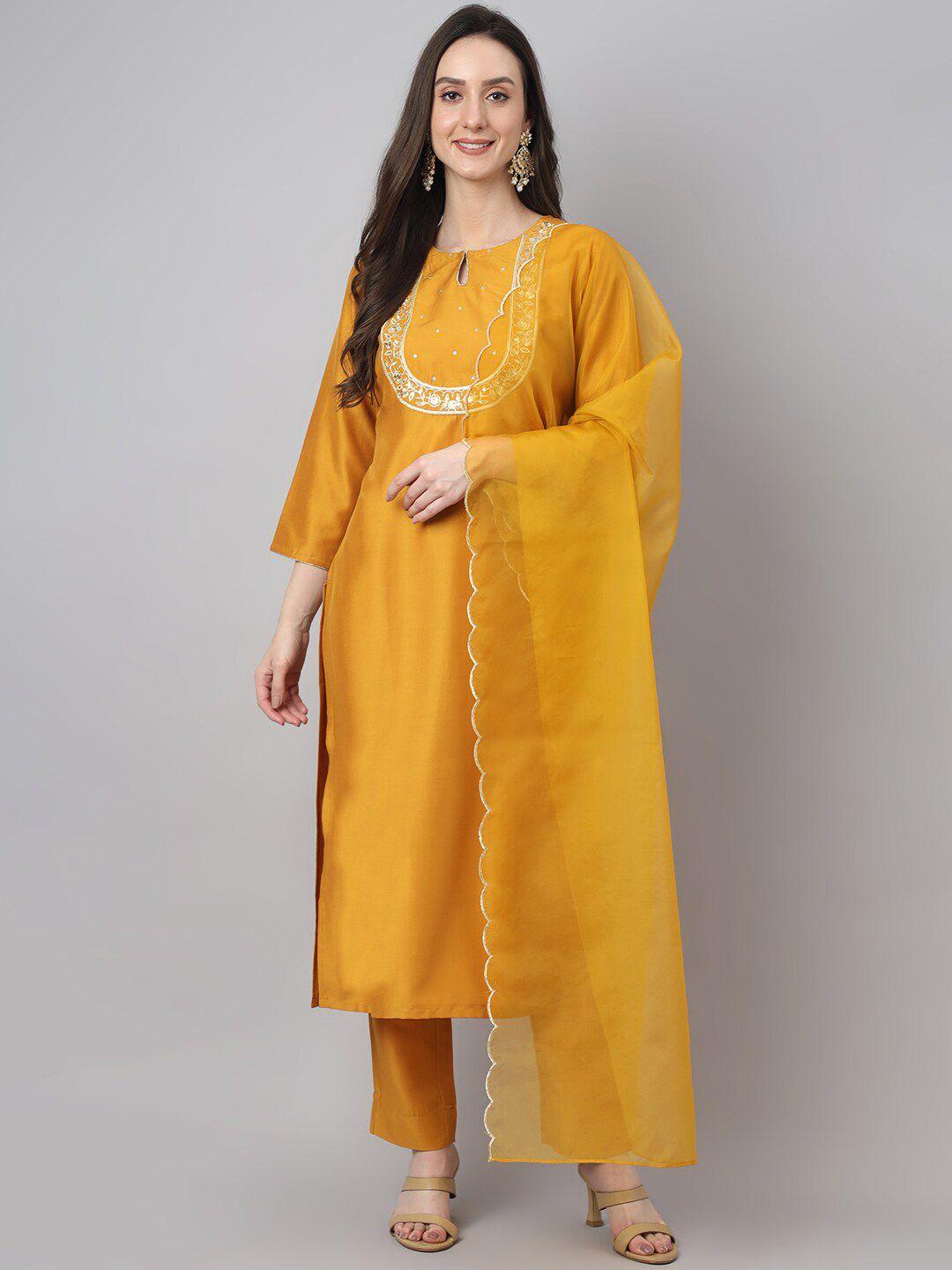 janasya keyhole neck sequinned kurta with trousers & dupatta