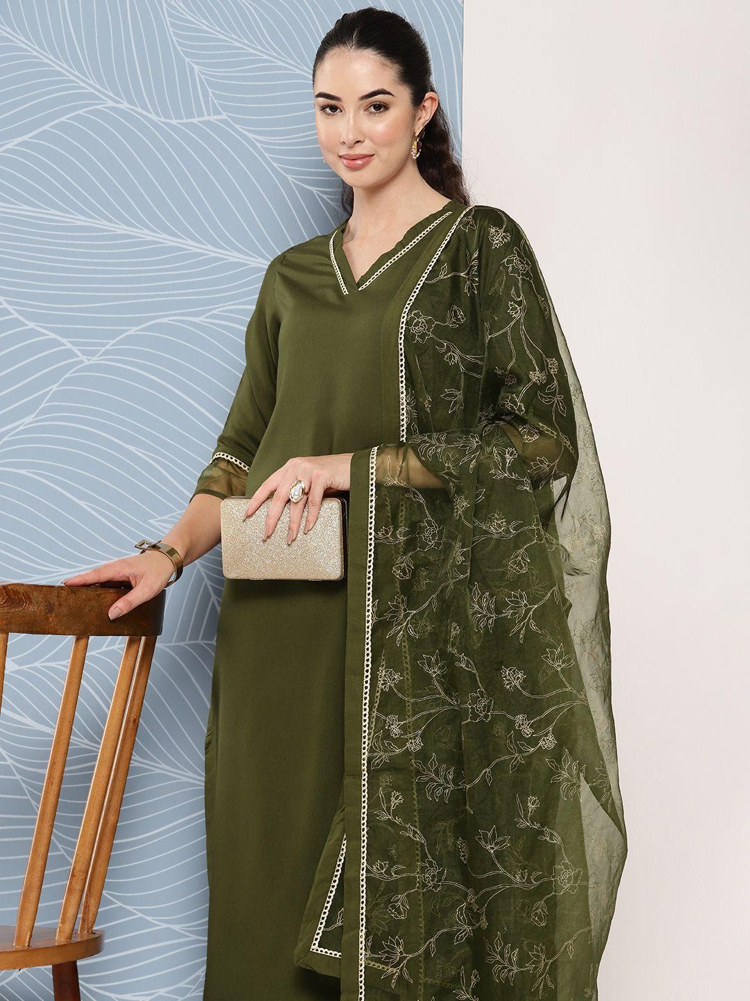 janasya lace insert detail kurta with palazzos & printed dupatta