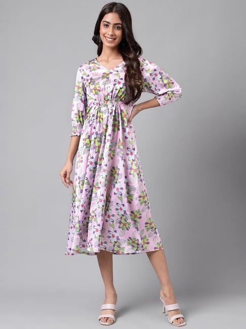 janasya lavender floral print a line dress