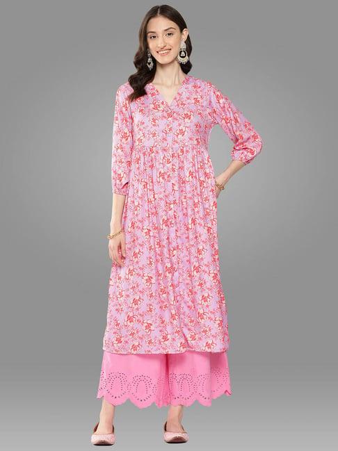 janasya lavender floral print a line kurta