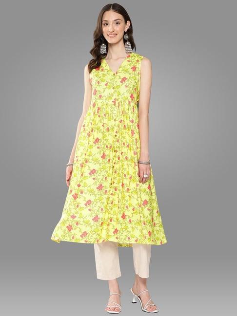 janasya lemon yellow floral print a line kurta