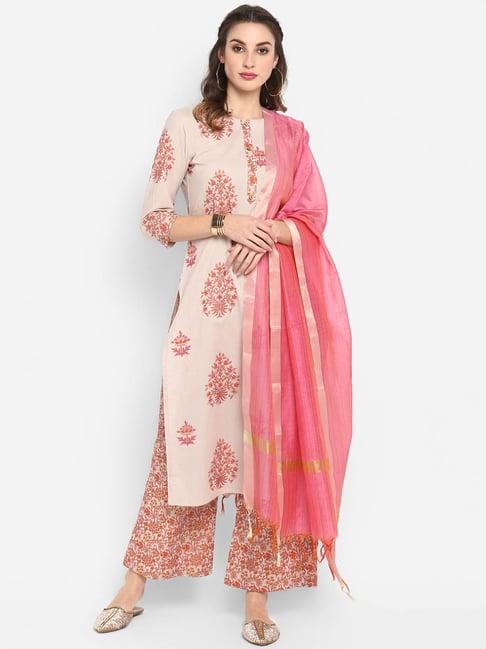 janasya light peach printed kurta with palazzo & dupatta