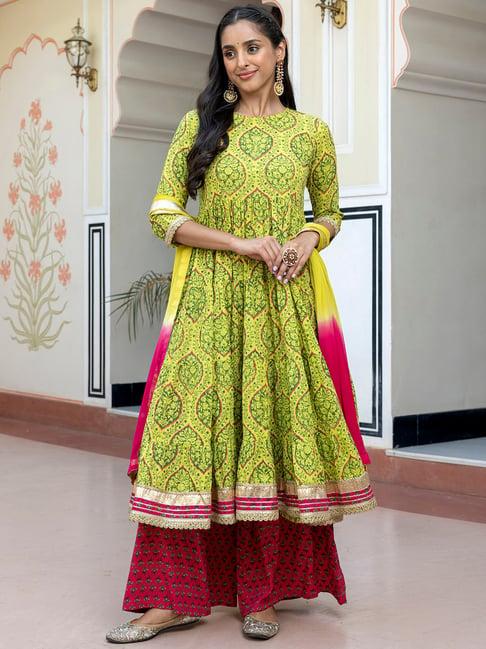 janasya lime green cotton floral print kurta with palazzo & dupatta