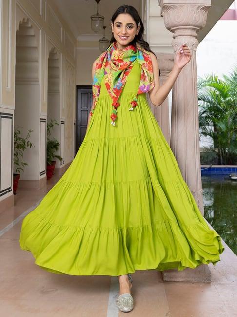 janasya lime green rayon flared kurta with scarf