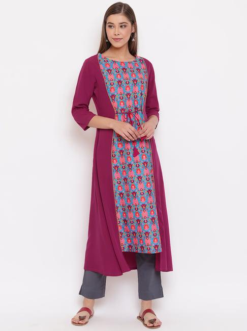 janasya magenta printed a line kurta with attached jacket