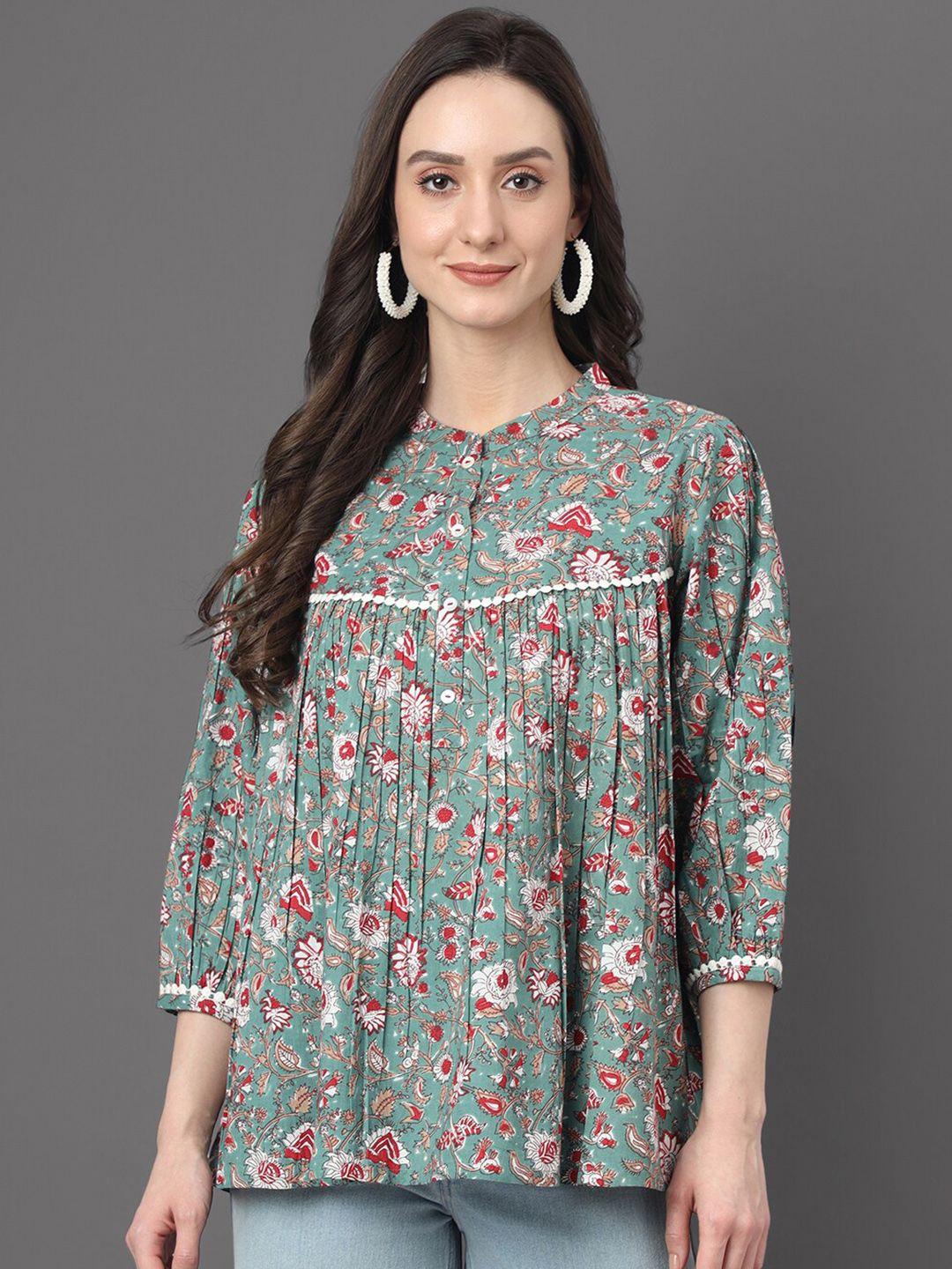 janasya mandarin collar floral printed empire top