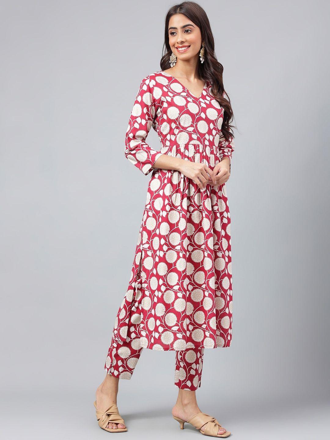 janasya maroon floral printed pleated pure cotton a-line kurta with trousers
