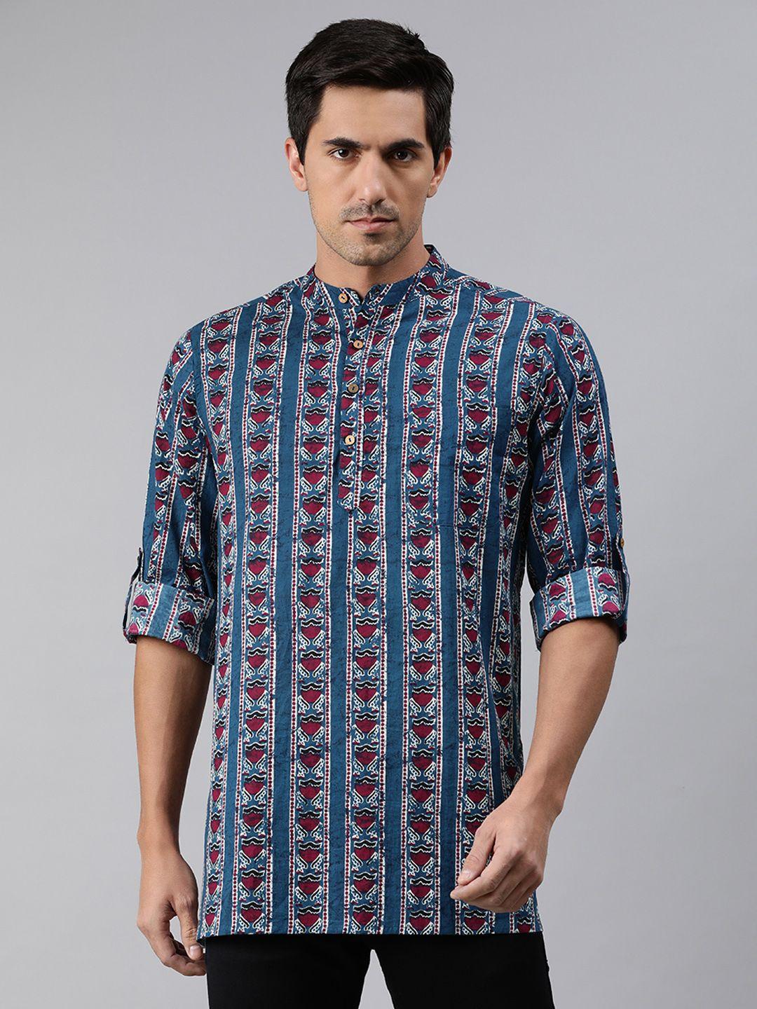 janasya men blue & maroon ethnic motifs printed pure cotton kurta