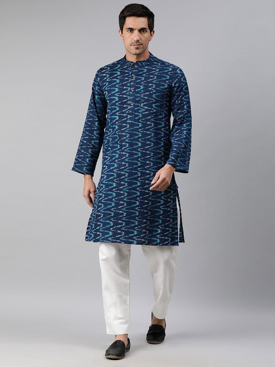 janasya men blue & white chevron printed straight kurta