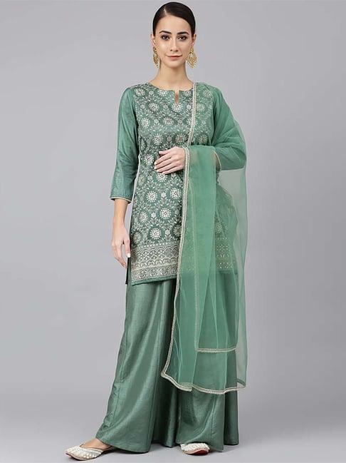 janasya mint green floral print kurti palazzo set with dupatta