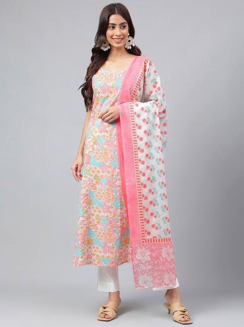 janasya multicolor cotton floral print kurta with pant & dupatta