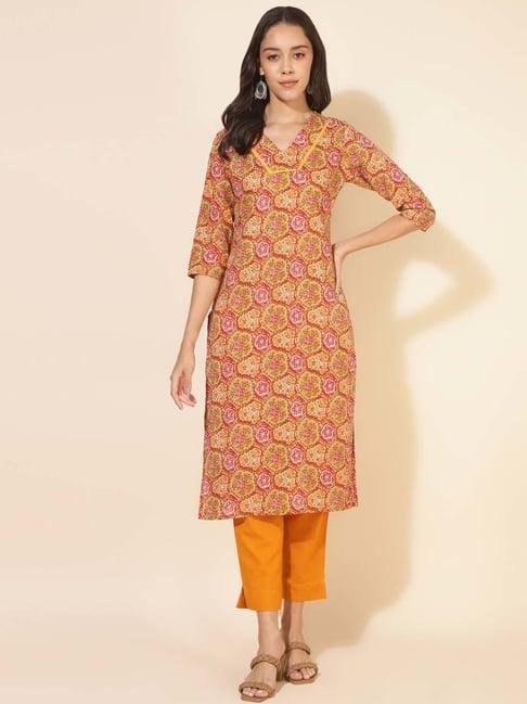 janasya multicolored cotton floral print straight kurta