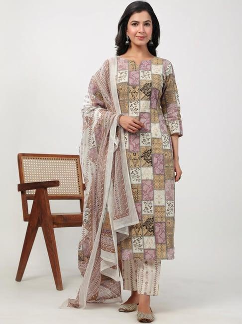 janasya multicolored cotton printed kurta pant set with dupatta