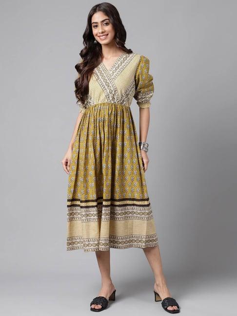janasya mustard cotton floral print fit & flare dress