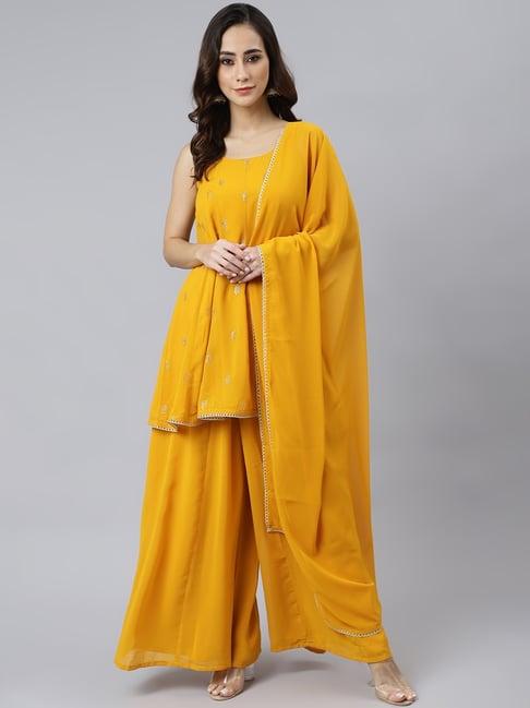 janasya mustard embellished kurta palazzo set with dupatta