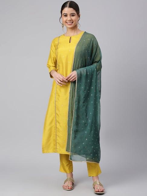 janasya mustard embroidered kurta pant set with dupatta