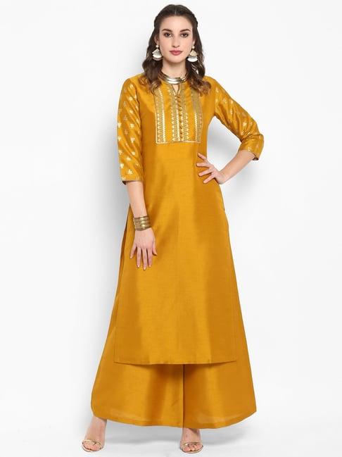 janasya mustard printed kurta & palazzo set