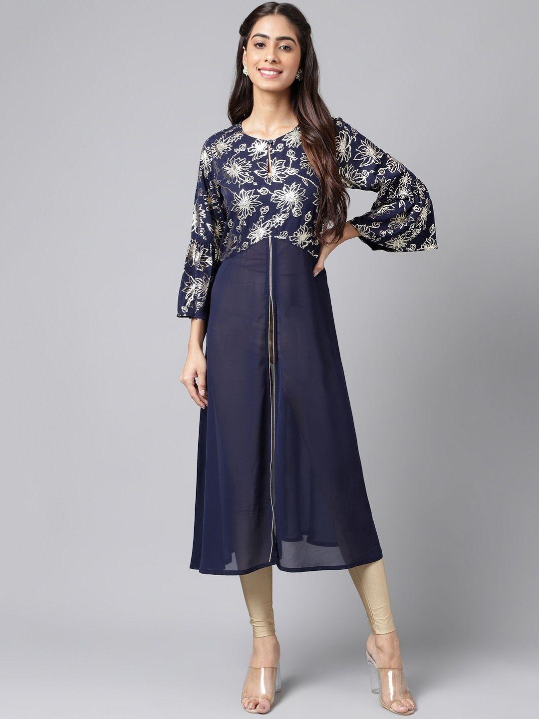 janasya navy blue floral printed keyhole neck bell sleeves high slit a-line kurta