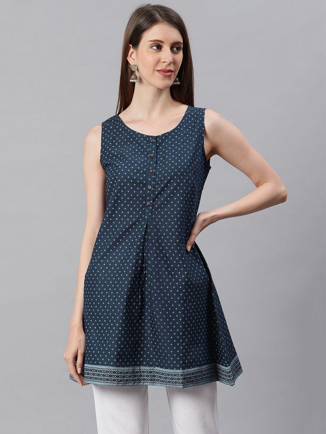 janasya navy blue printed cotton tunic