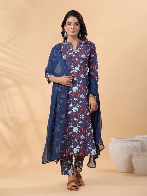 janasya navy cotton floral print kurta & pant set with dupatta