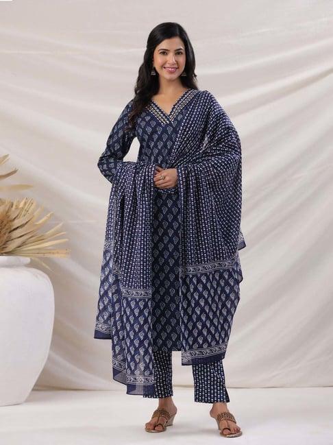 janasya navy cotton self kurta & pant set with dupatta