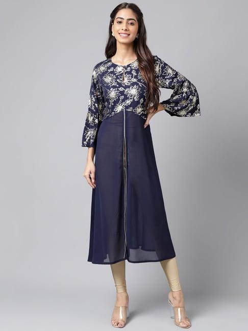 janasya navy floral print a line kurta