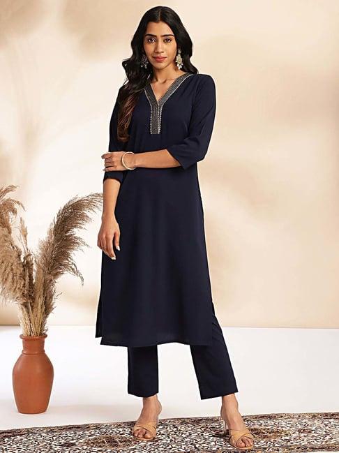 janasya navy self kurta & pant set