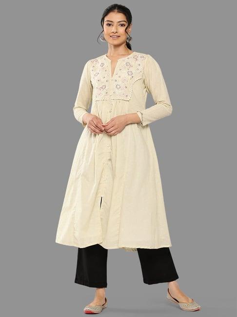 janasya off white embroidered a line kurta