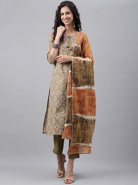 janasya olive cotton printed kurta with pant & dupatta