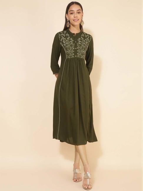 janasya olive green embroidered a line kurta