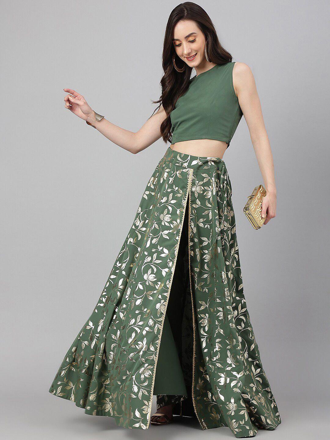 janasya olive green ready to wear lehenga choli with pant