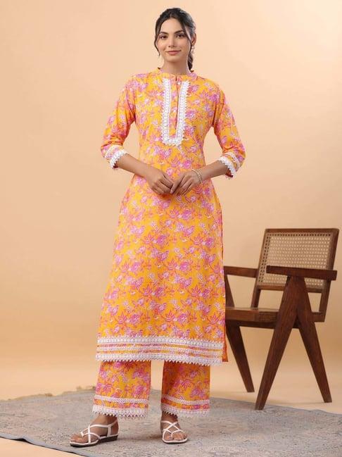 janasya orange cotton floral print kurta & pant set